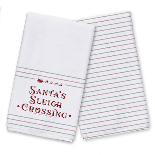 Santas Sleigh Crossing Stripes Tea Towels - Set of 2